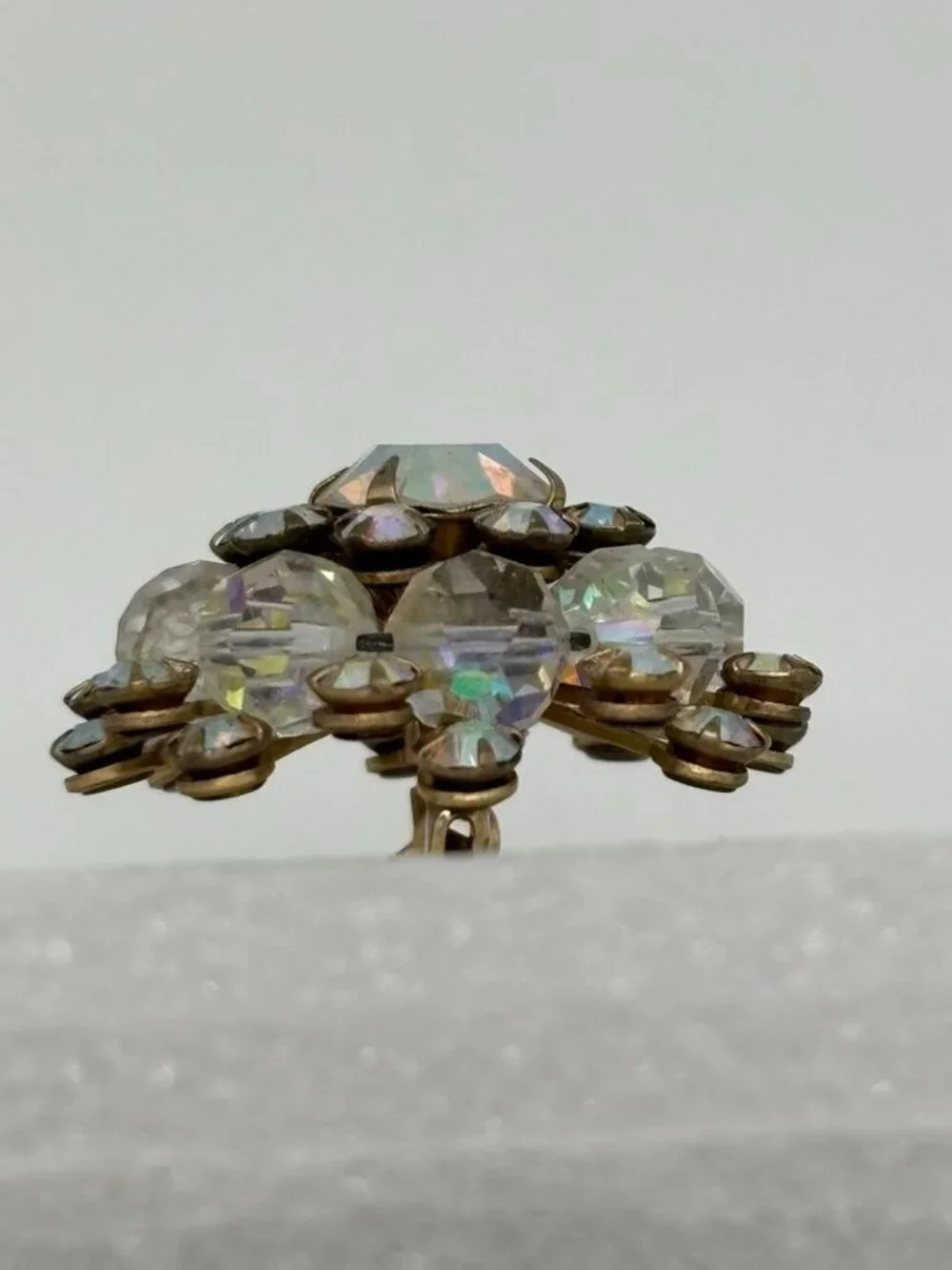 Vintage Domed Crystal Aurora Borealis Starburst Brooch Open Back Frame, Unsigned